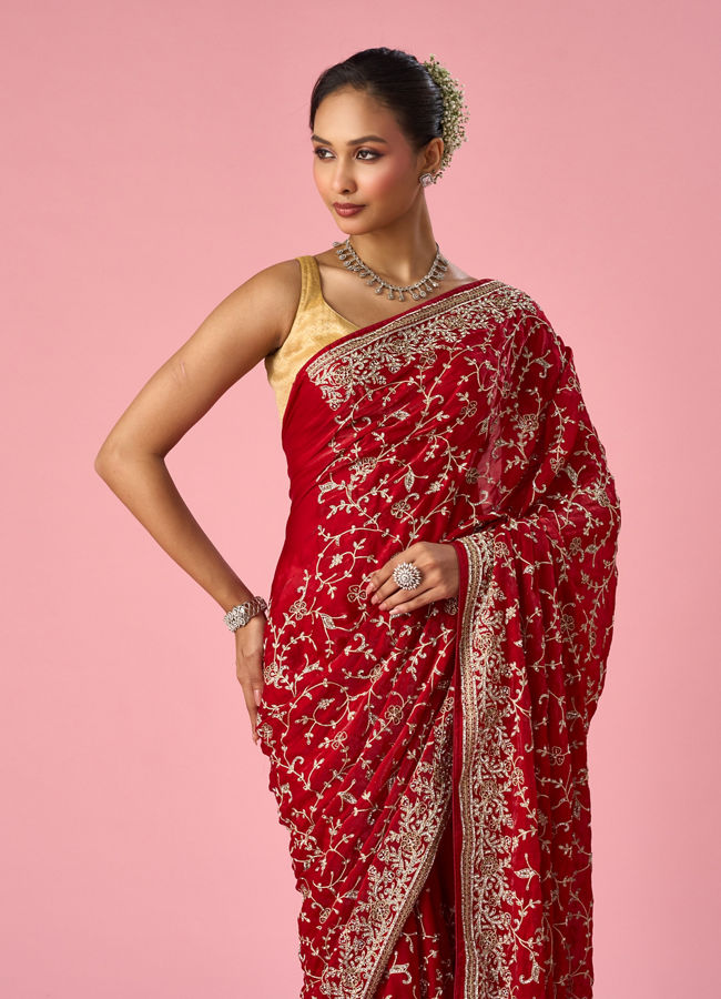 Mohey Women Red Organza Saree with Stone and Thread Work