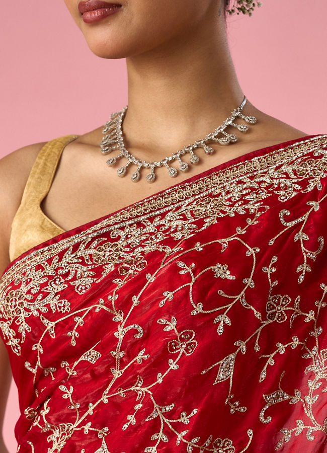 Mohey Women Red Organza Saree with Stone and Thread Work