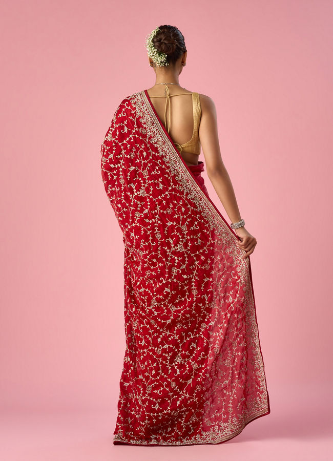 Mohey Women Red Organza Saree with Stone and Thread Work