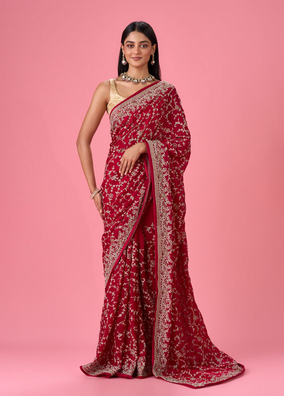Mohey Women Exquisite Pink Organza Bridal Saree