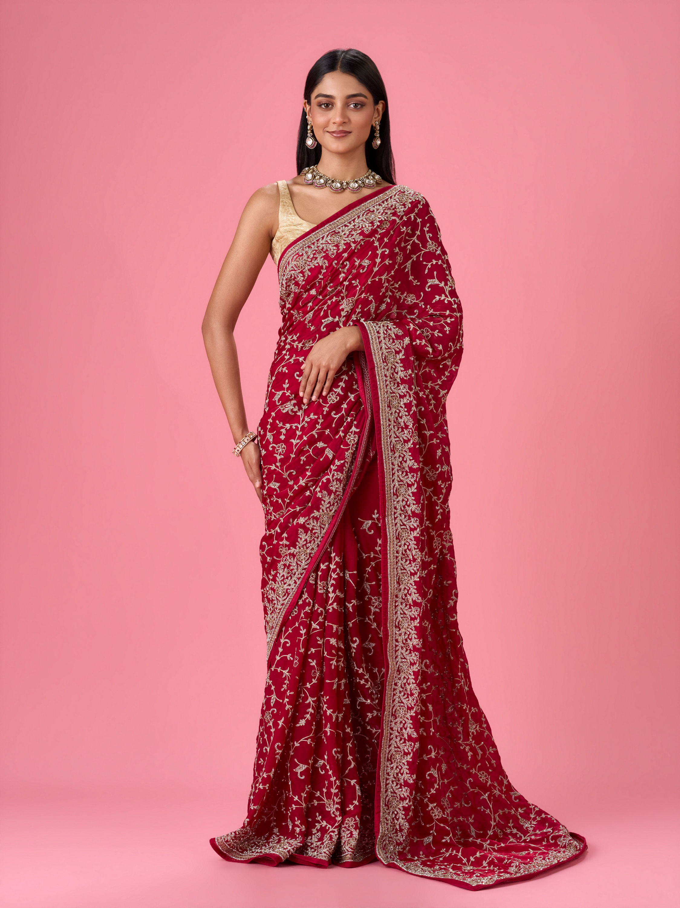 Mohey Women Exquisite Pink Organza Bridal Saree