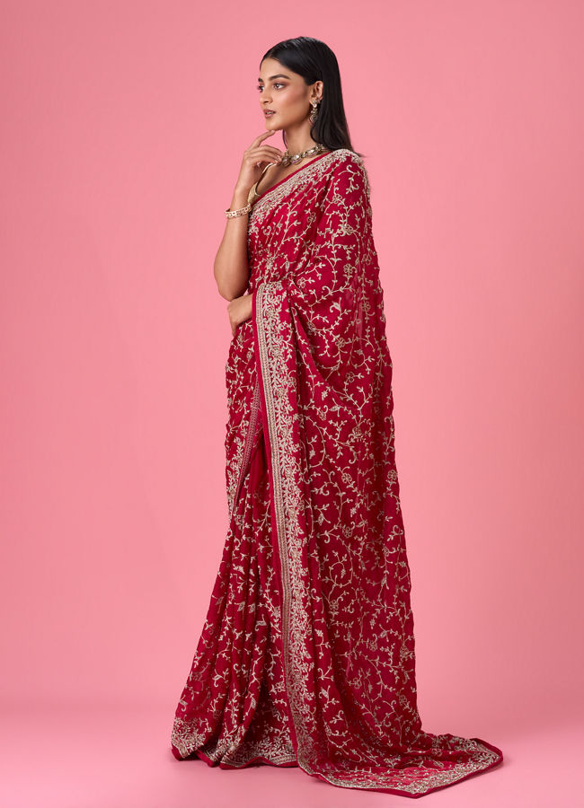 Mohey Women Exquisite Pink Organza Bridal Saree