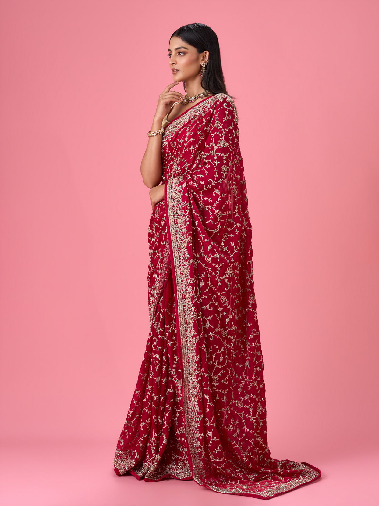 Mohey Women Exquisite Pink Organza Bridal Saree