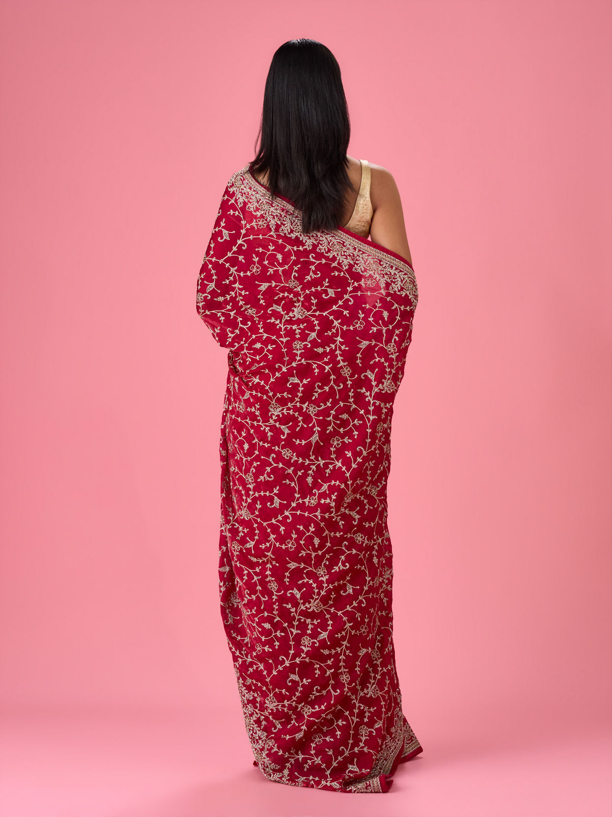 Mohey Women Exquisite Pink Organza Bridal Saree