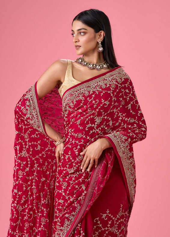 Mohey Women Exquisite Pink Organza Bridal Saree