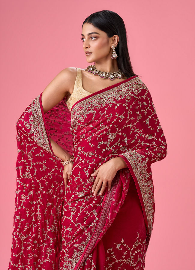 Mohey Women Exquisite Pink Organza Bridal Saree