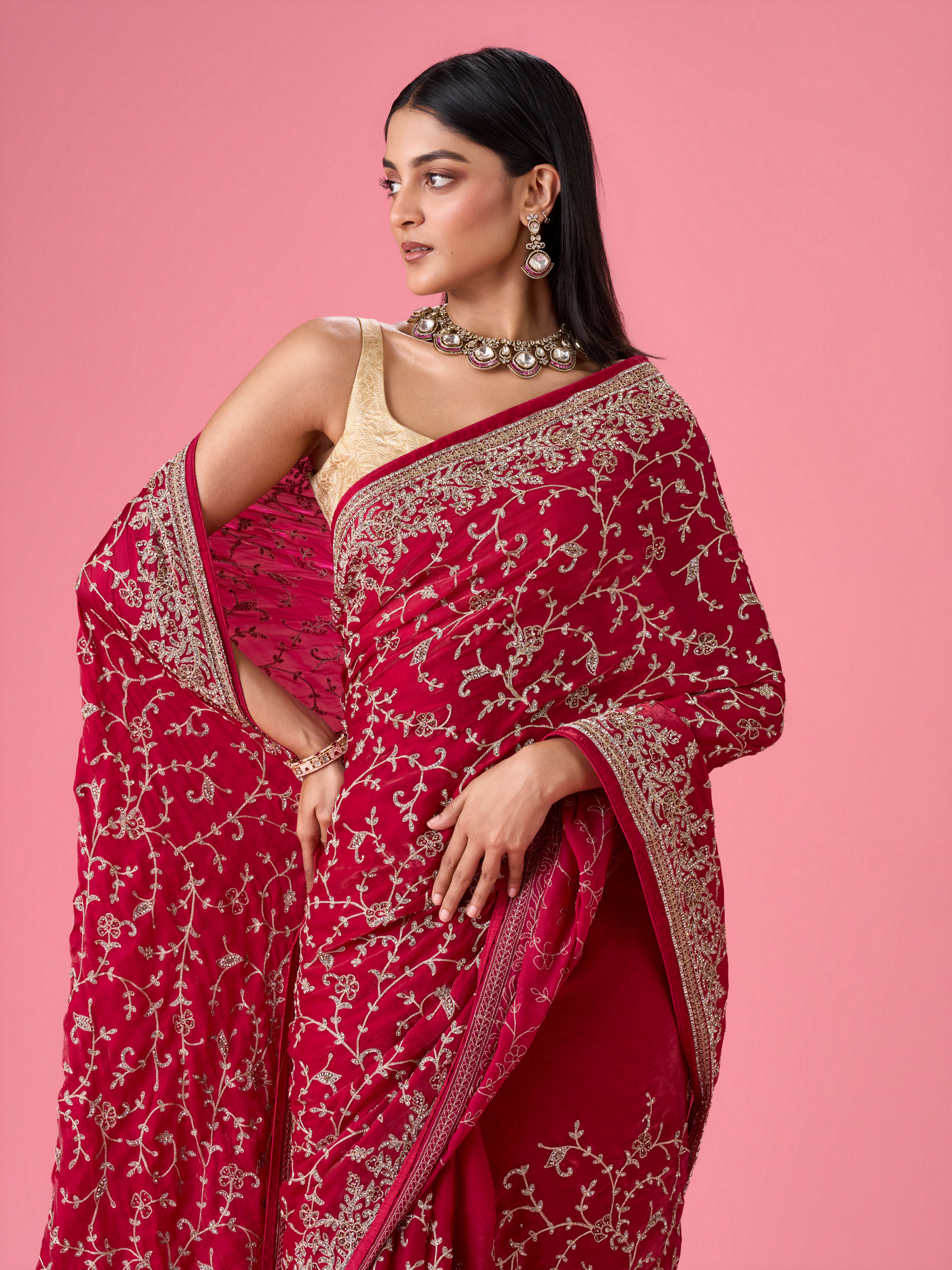 Mohey Women Exquisite Pink Organza Bridal Saree