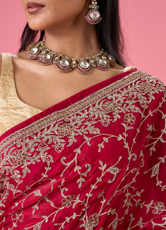 Mohey Women Exquisite Pink Organza Bridal Saree