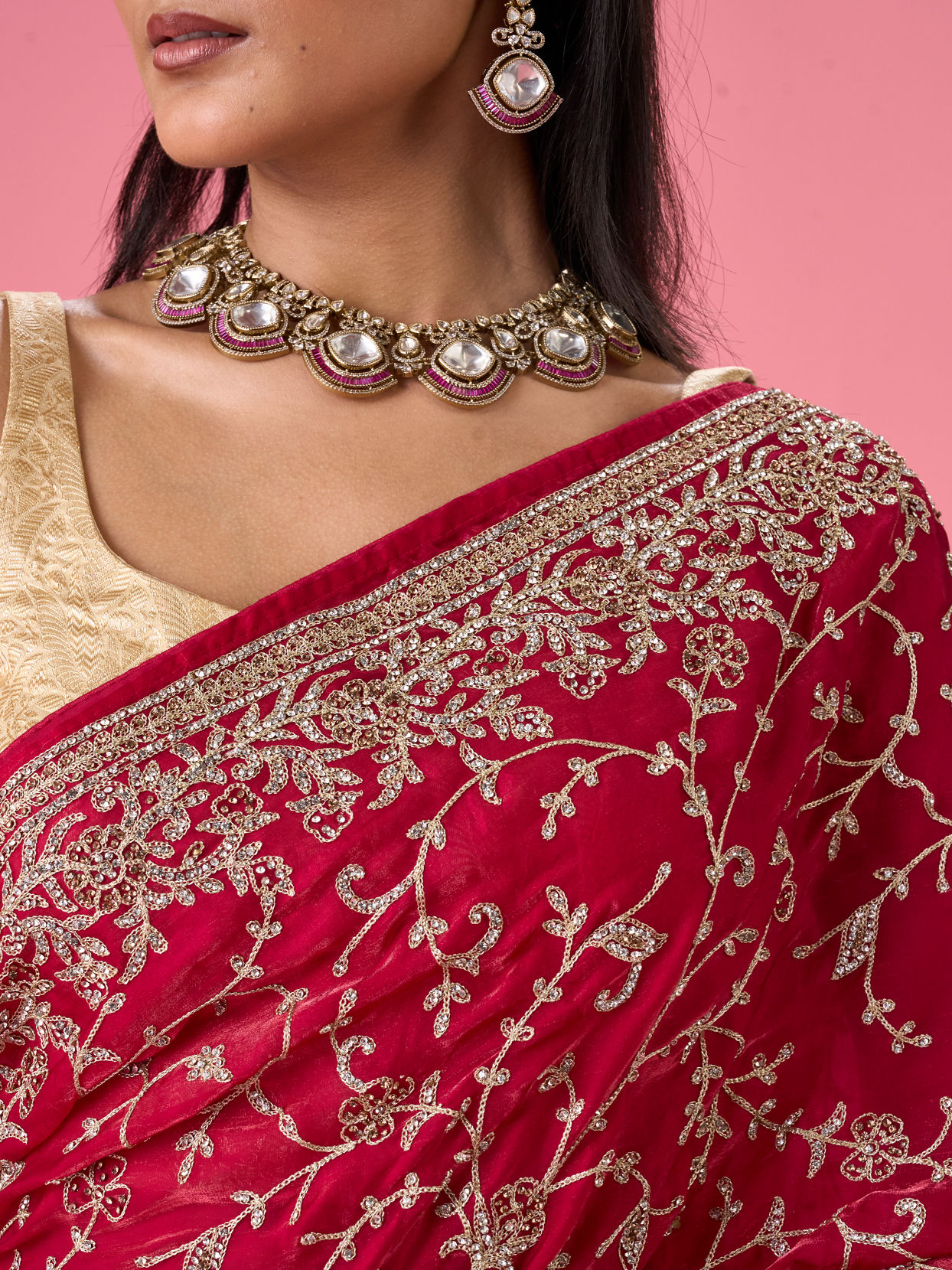 Mohey Women Exquisite Pink Organza Bridal Saree