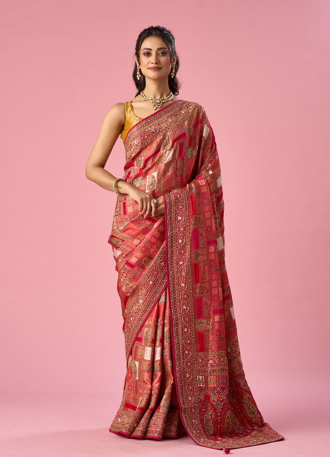 Mohey Women Pink Art Silk Saree with Hand Embroidery