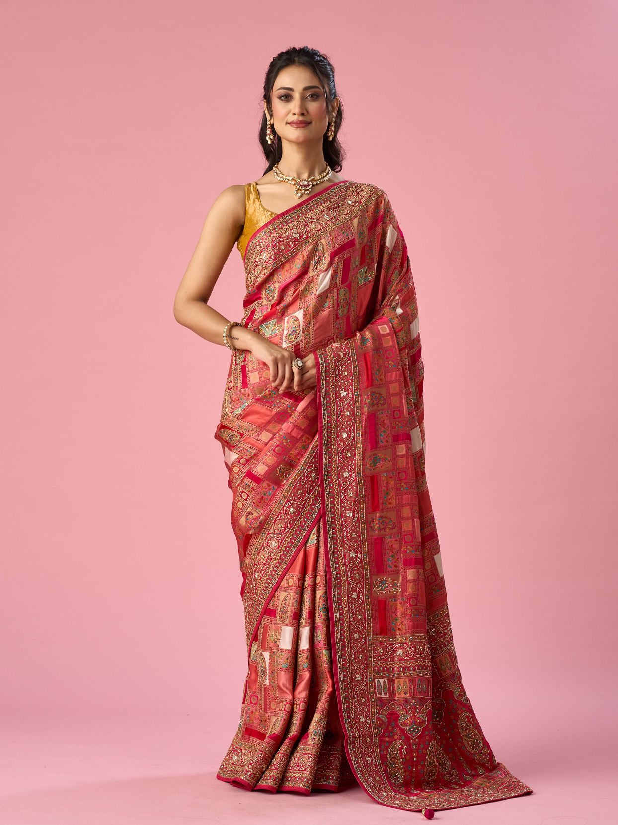 Mohey Women Pink Art Silk Saree with Hand Embroidery