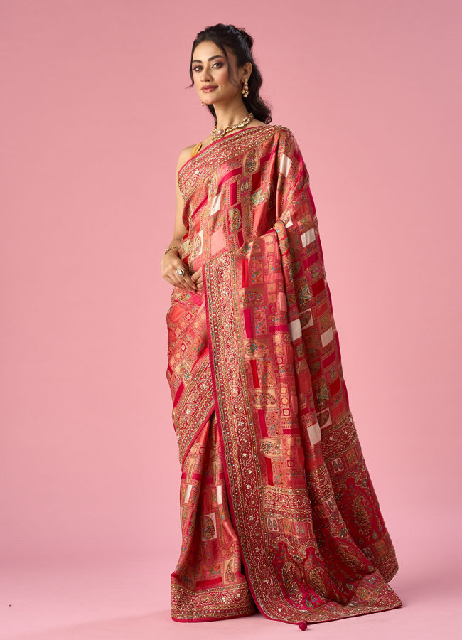 Mohey Women Pink Art Silk Saree with Hand Embroidery