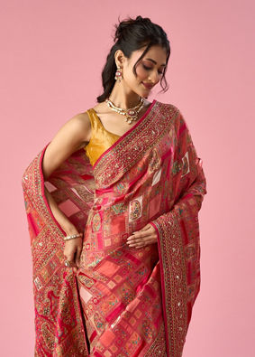 Mohey Women Pink Art Silk Saree with Hand Embroidery