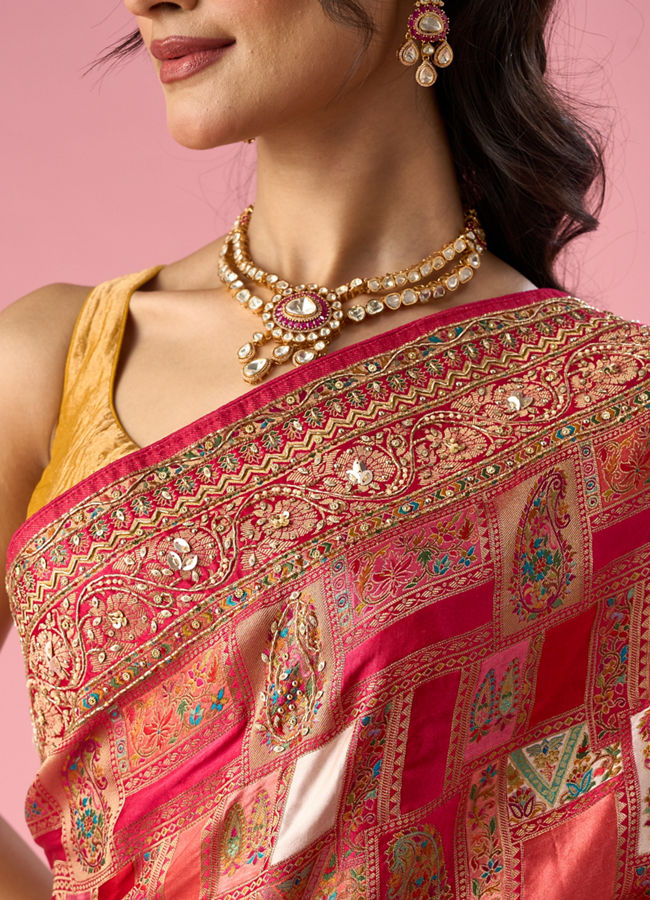 Mohey Women Pink Art Silk Saree with Hand Embroidery