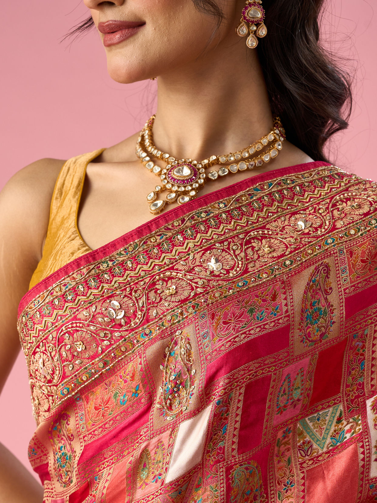 Mohey Women Pink Art Silk Saree with Hand Embroidery