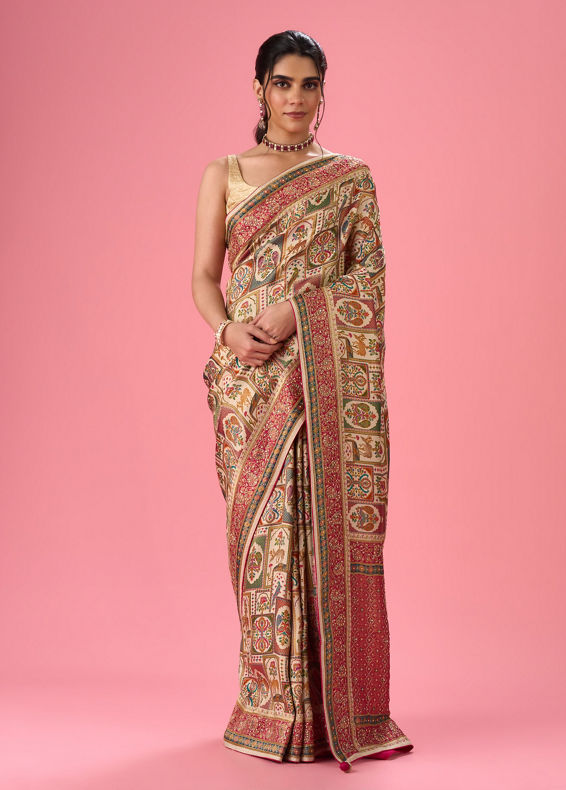 Mohey Women Cream Art Silk Banarasi Saree