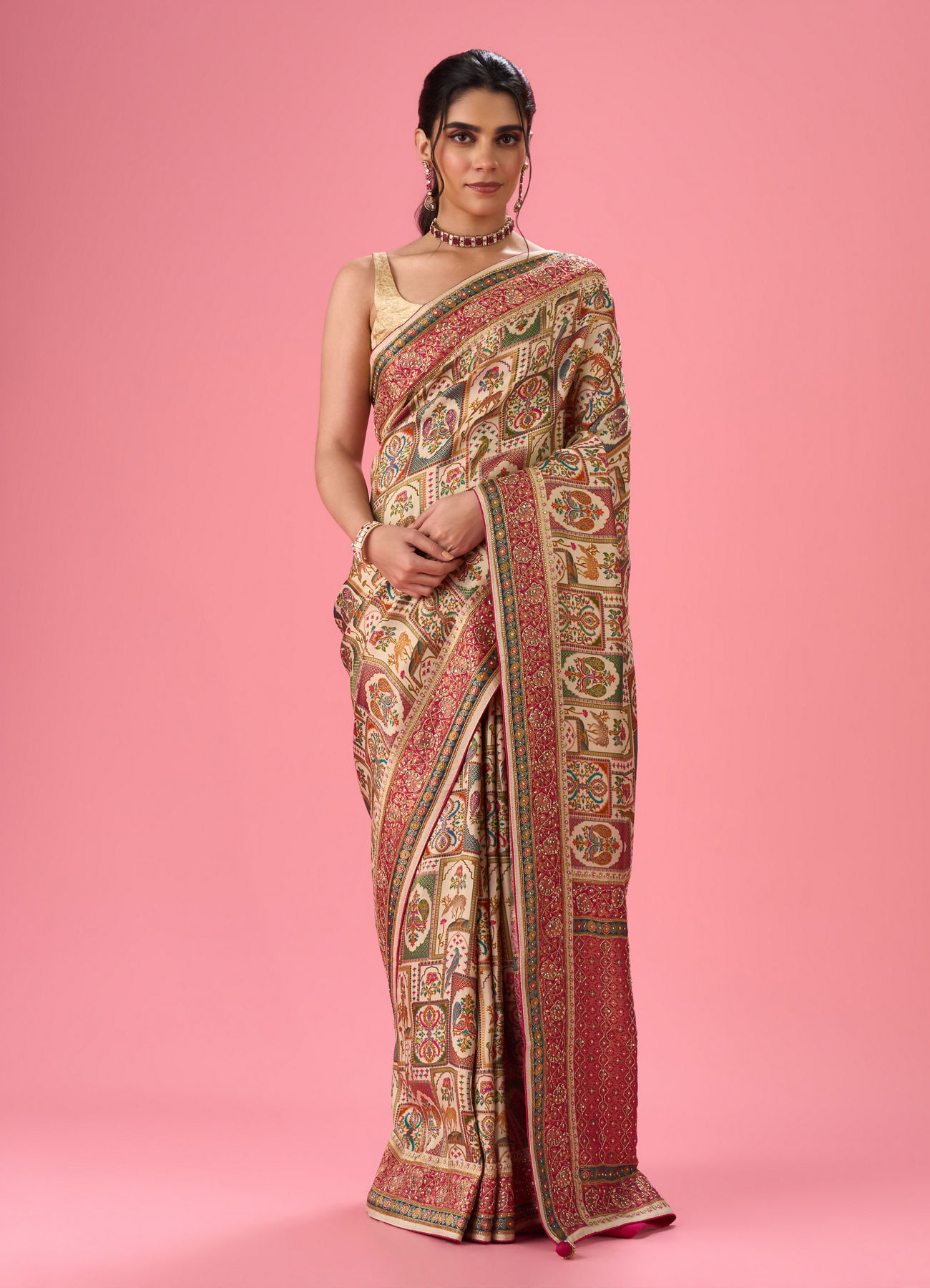 Mohey Women Cream Art Silk Banarasi Saree
