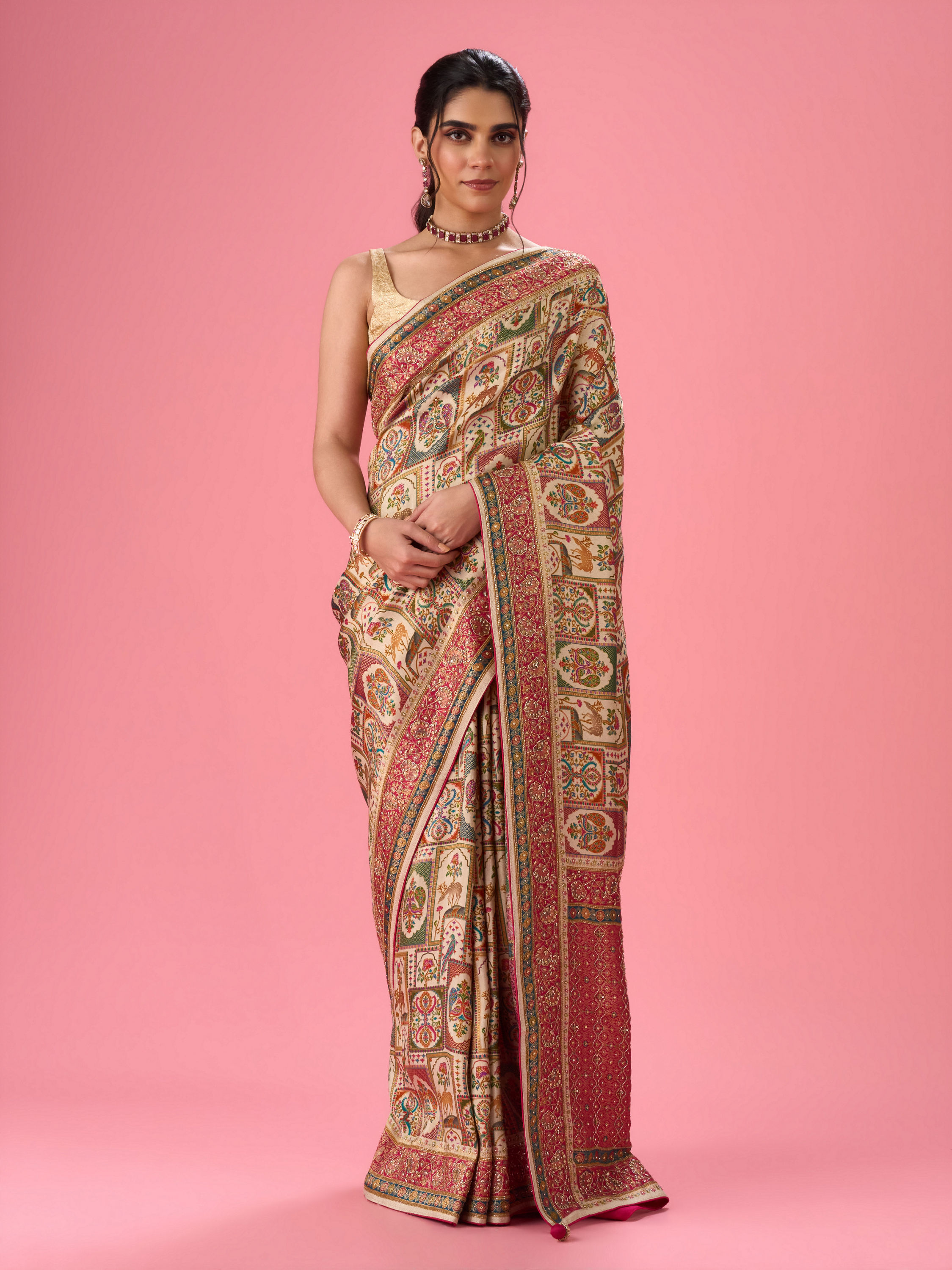 Mohey Women Cream Art Silk Banarasi Saree