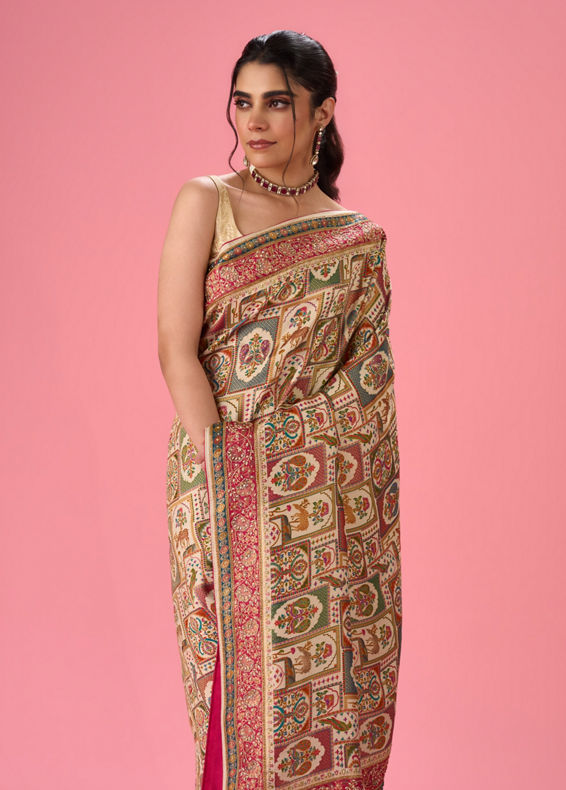 Mohey Women Cream Art Silk Banarasi Saree