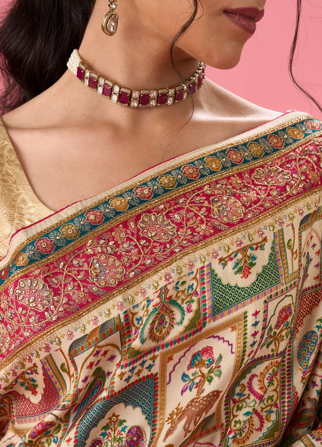 Mohey Women Cream Art Silk Banarasi Saree