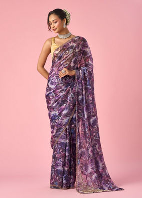 Mohey Women Purple Organza Saree with Floral Print
