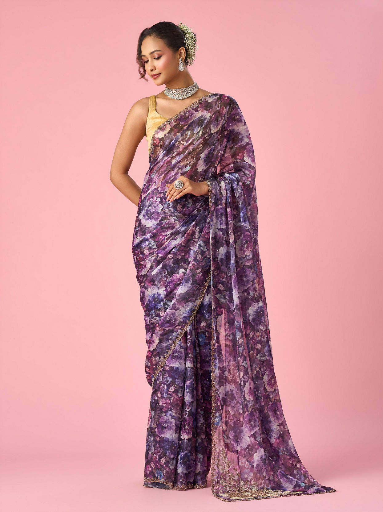 Mohey Women Purple Organza Saree with Floral Print