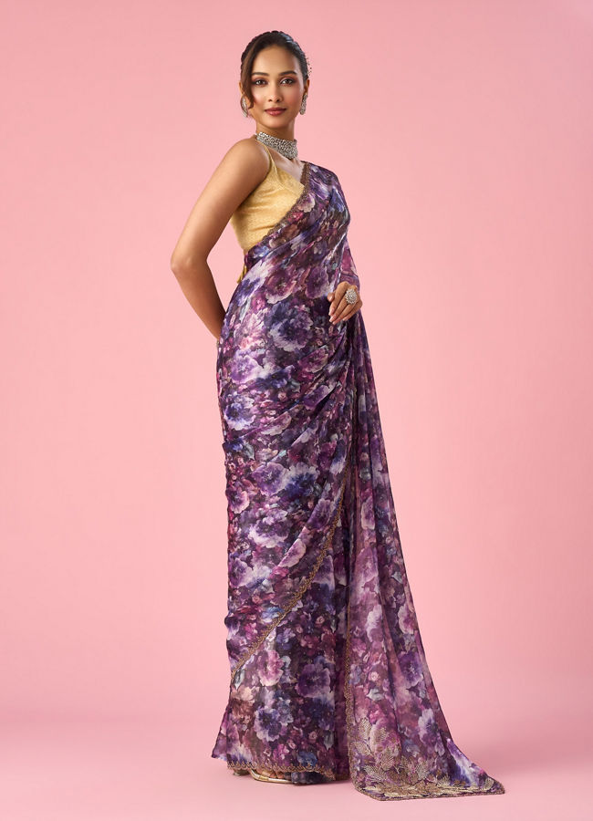 Mohey Women Purple Organza Saree with Floral Print