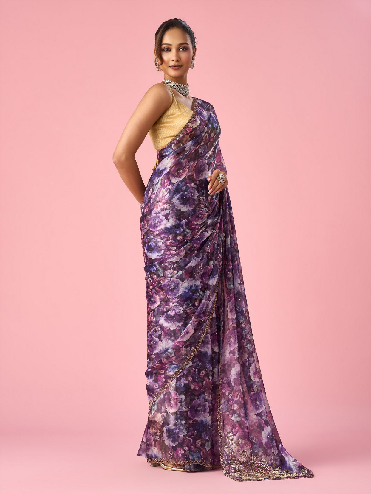 Mohey Women Purple Organza Saree with Floral Print