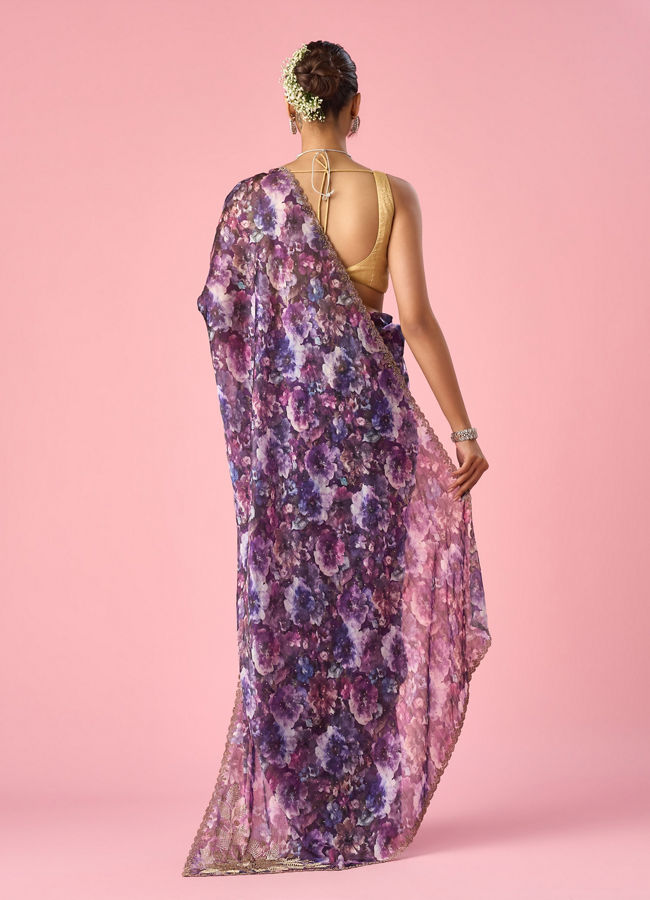 Mohey Women Purple Organza Saree with Floral Print