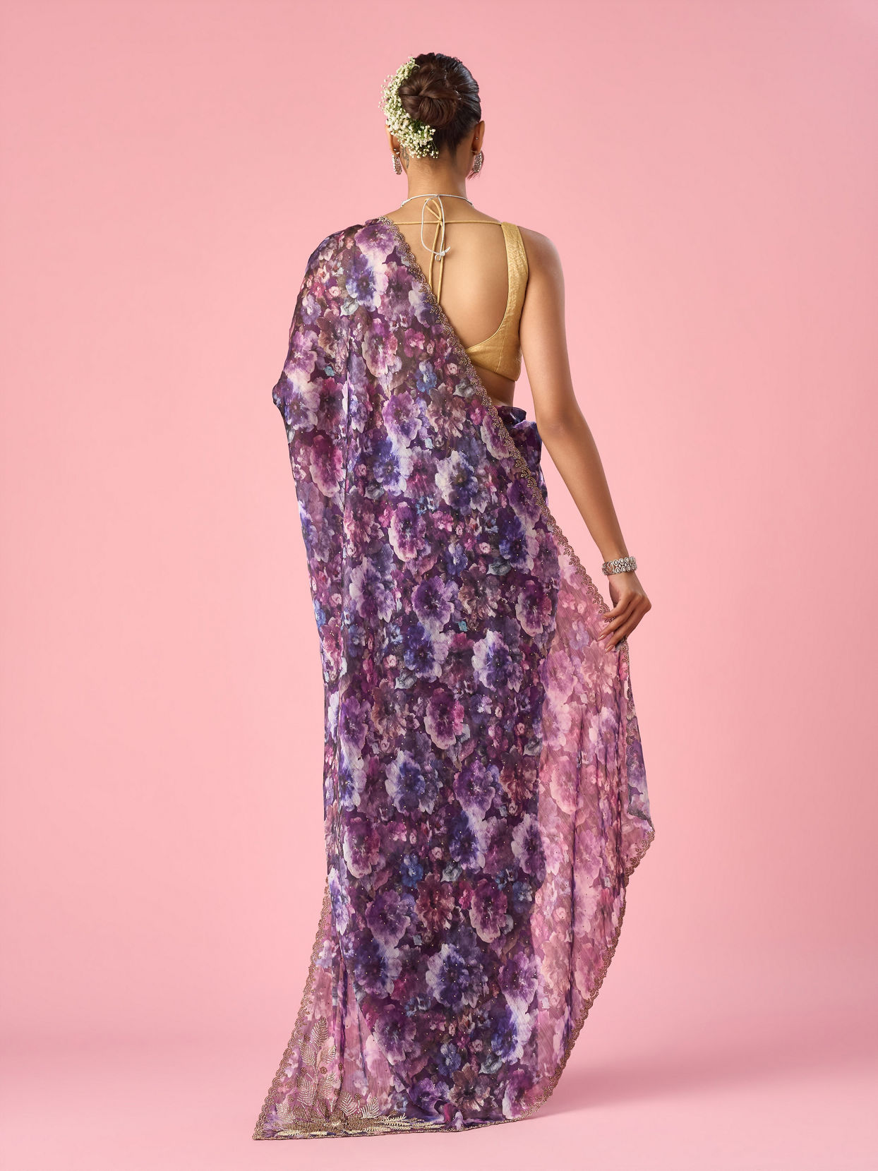 Mohey Women Purple Organza Saree with Floral Print