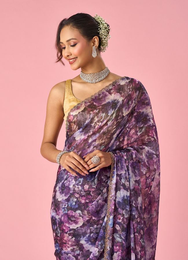 Mohey Women Purple Organza Saree with Floral Print