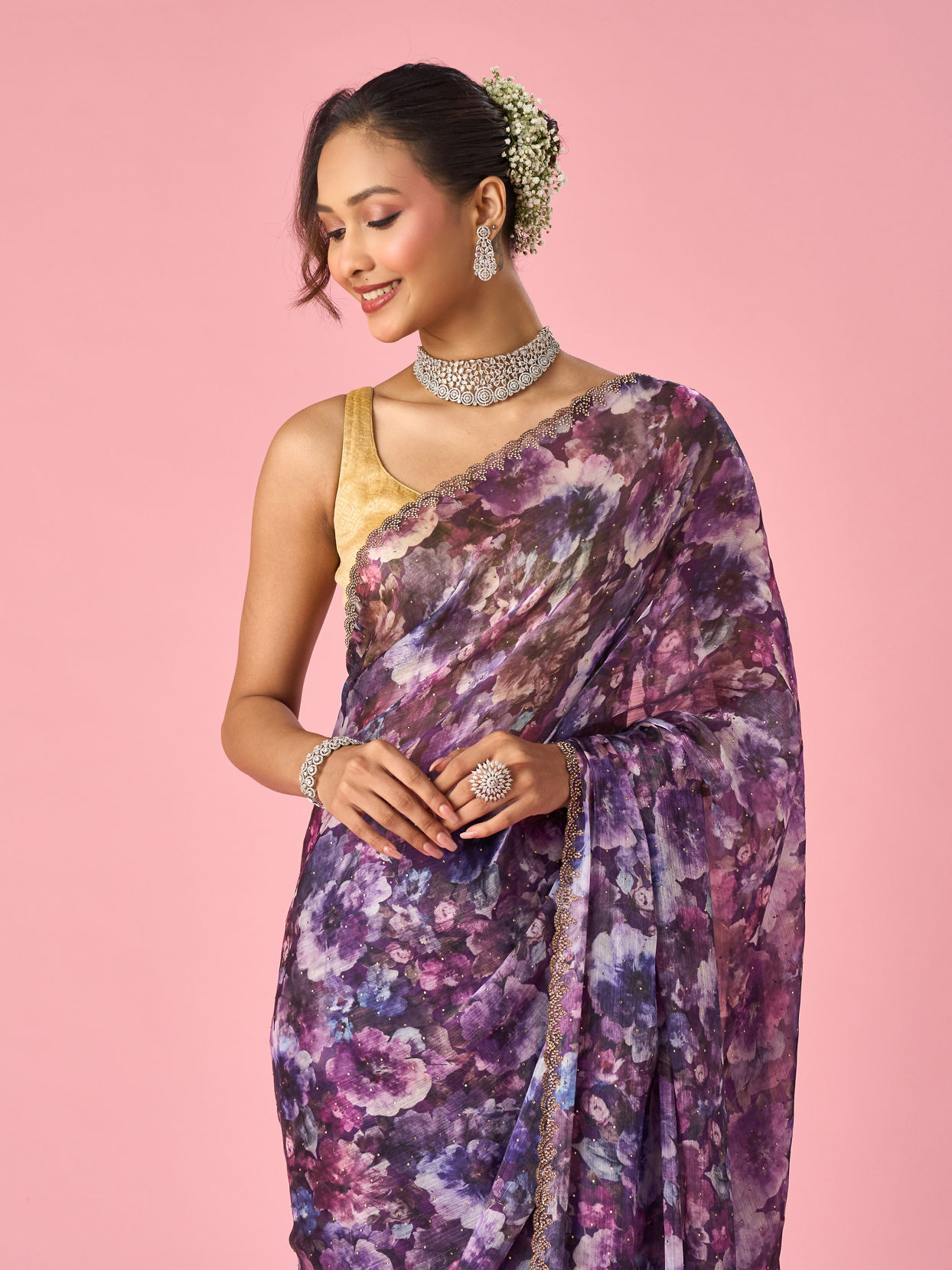 Mohey Women Purple Organza Saree with Floral Print