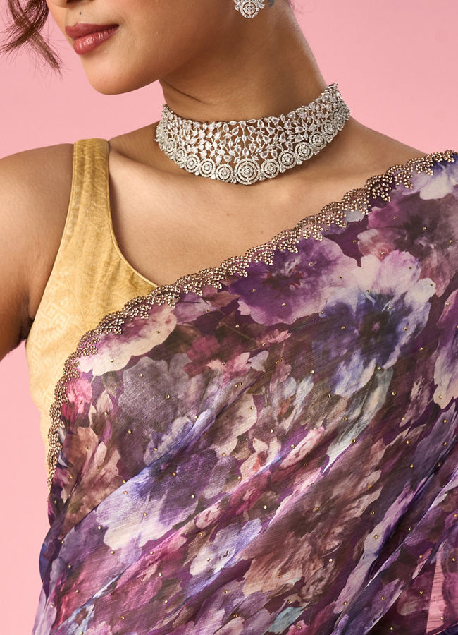 Mohey Women Purple Organza Saree with Floral Print