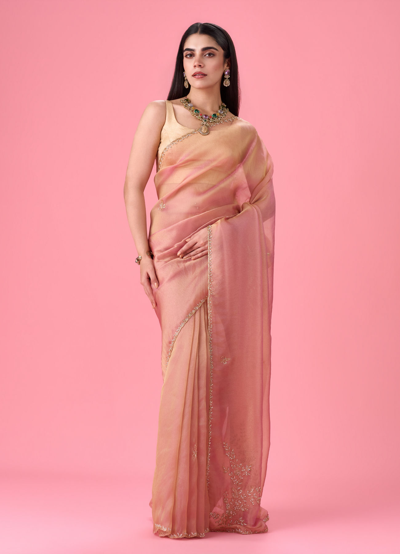 Mohey Women Radiant Pink Organza Saree