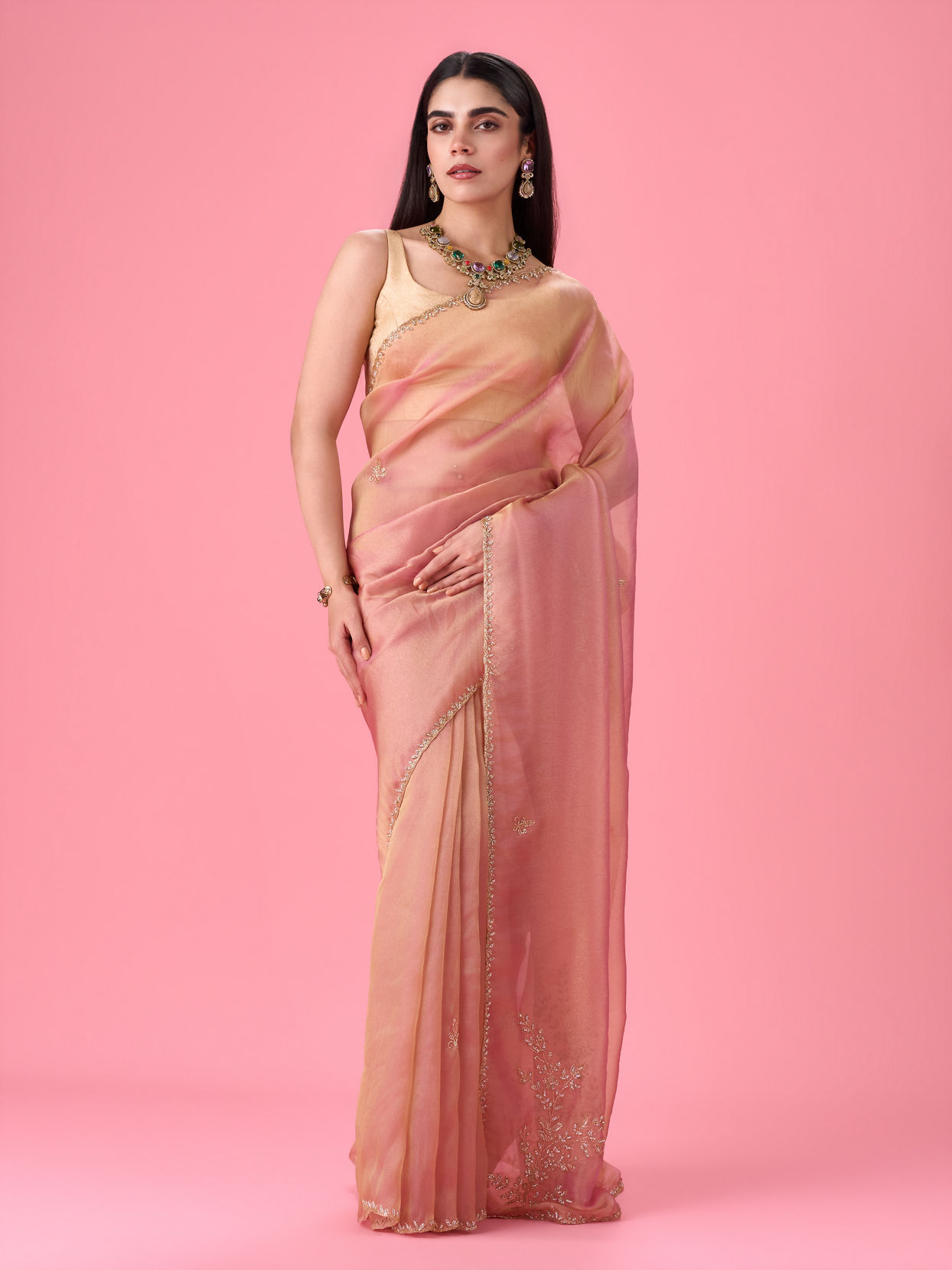 Mohey Women Radiant Pink Organza Saree