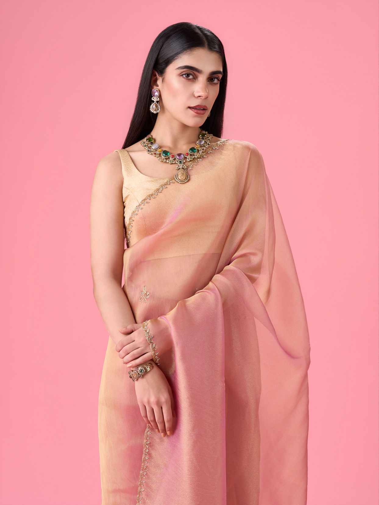 Mohey Women Radiant Pink Organza Saree