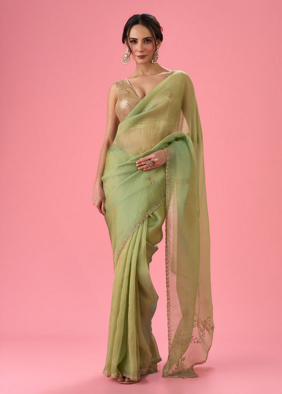 Mohey Women Sea Green Organza Splendour Saree