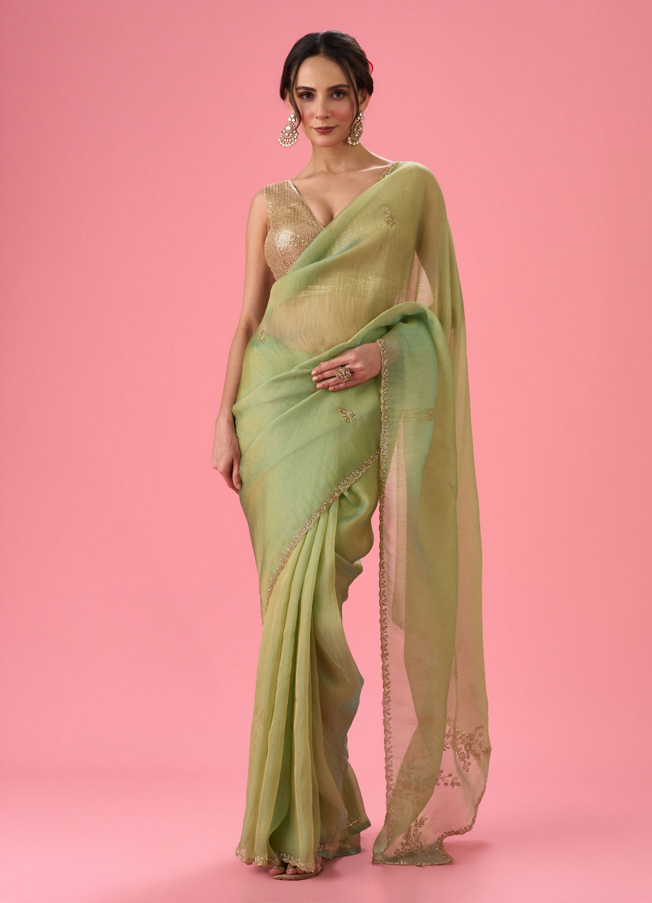 Mohey Women Sea Green Organza Splendour Saree