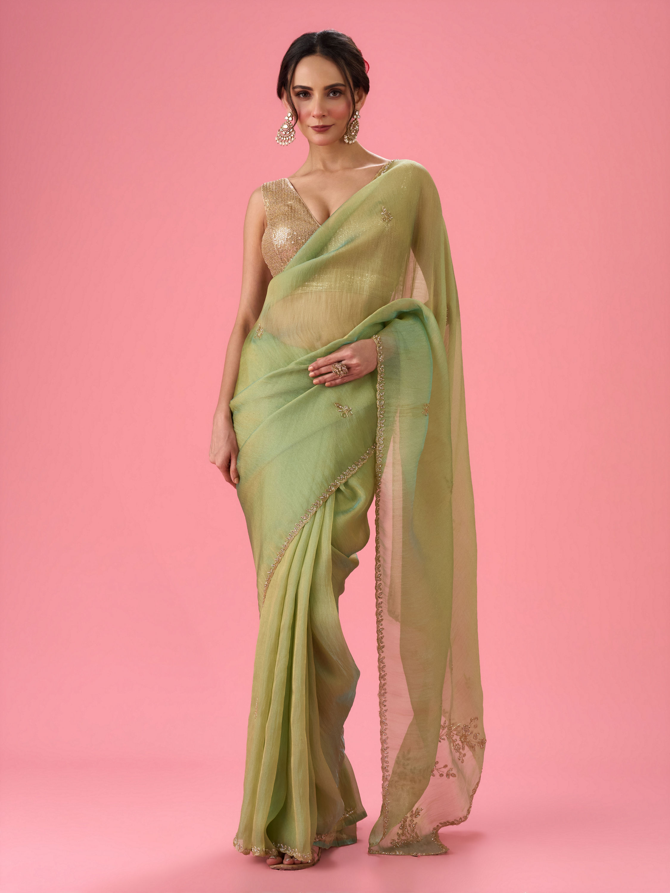 Mohey Women Sea Green Organza Splendour Saree
