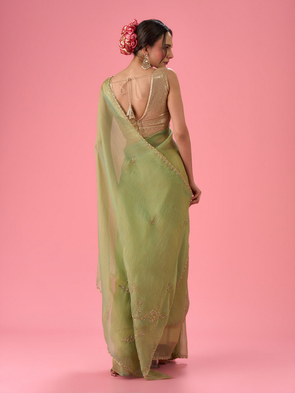 Mohey Women Sea Green Organza Splendour Saree