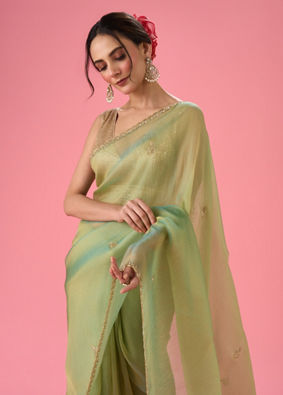 Mohey Women Sea Green Organza Splendour Saree