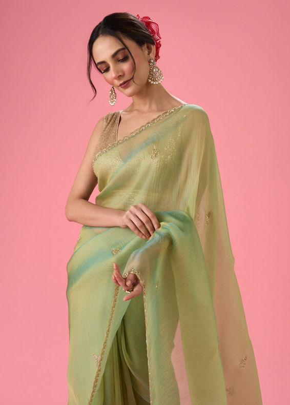 Mohey Women Sea Green Organza Splendour Saree