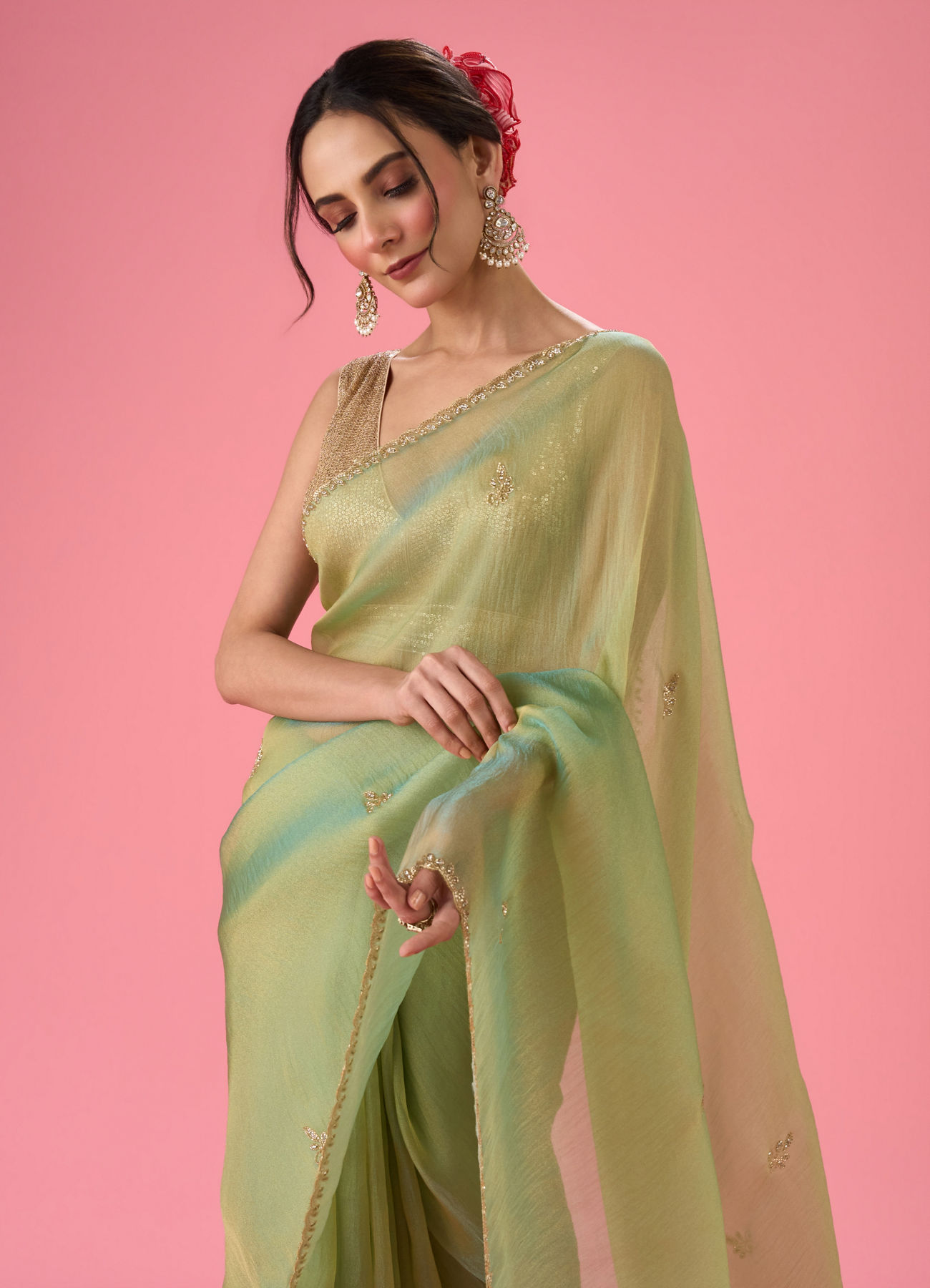 Mohey Women Sea Green Organza Splendour Saree