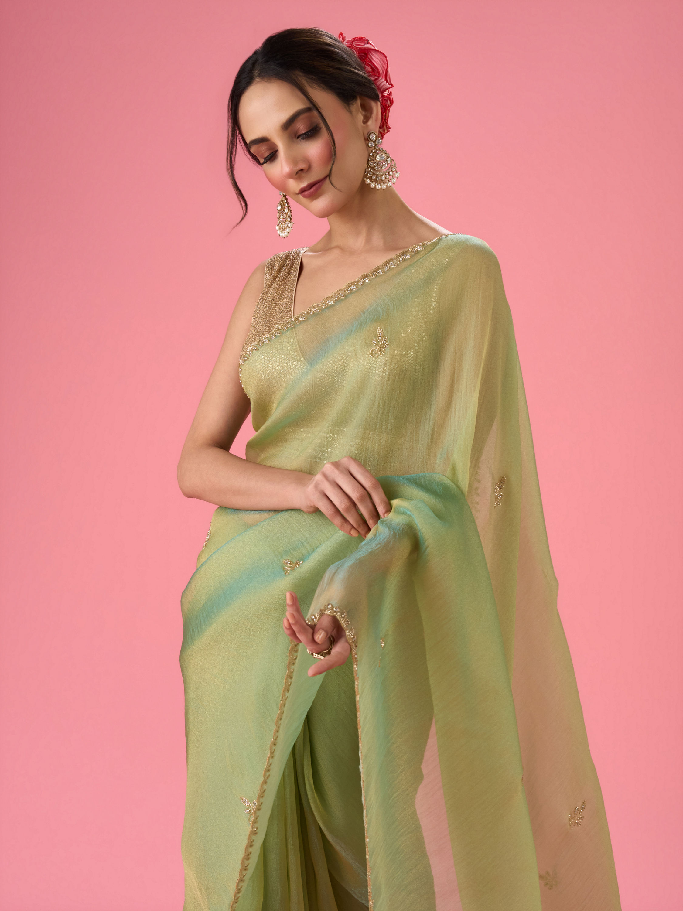 Mohey Women Sea Green Organza Splendour Saree