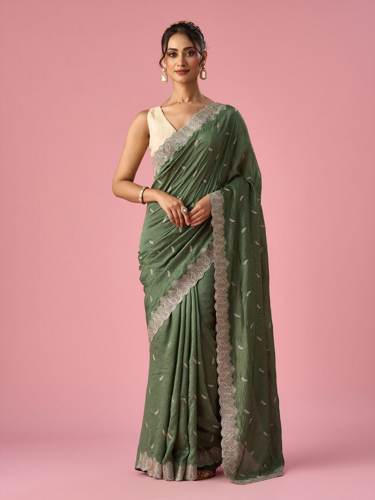 Mohey Women Green Art Silk Saree with Stone Work
