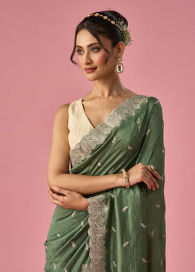 Mohey Women Green Art Silk Saree with Stone Work