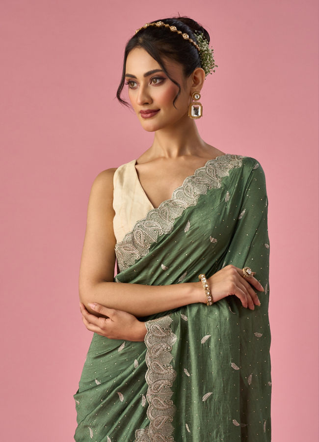 Mohey Women Green Art Silk Saree with Stone Work