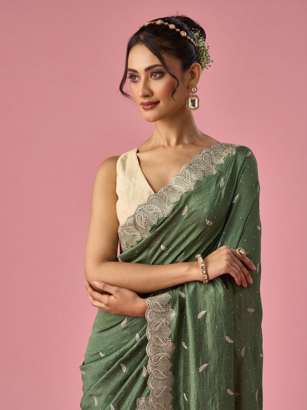 Mohey Women Green Art Silk Saree with Stone Work