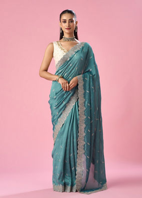 Mohey Women Sea Green Art Silk Saree with Stone Work