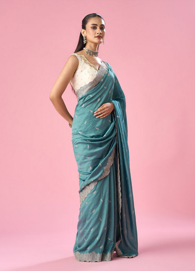 Mohey Women Sea Green Art Silk Saree with Stone Work